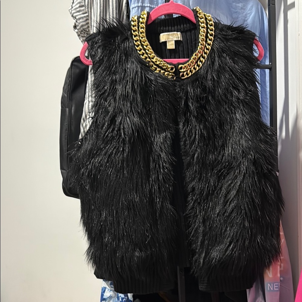 MICHAEL Michael Kors Black Faux Fur Vest with Gold Chain Detail